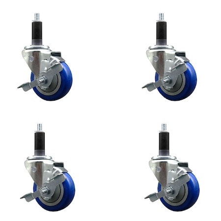 Service Caster 3.5'' SS Blue Poly Swivel 1-1/8'' Expanding Stem Caster Set with Brake, 4PK SCC-SSEX20S3514-PPUB-BLUE-TLB-118-4